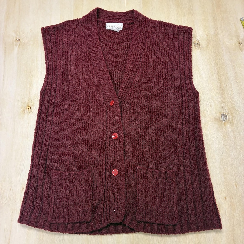 Vintage Cassandra Sweater Vest Womens 44 Red Chunky Knit Button Pockets